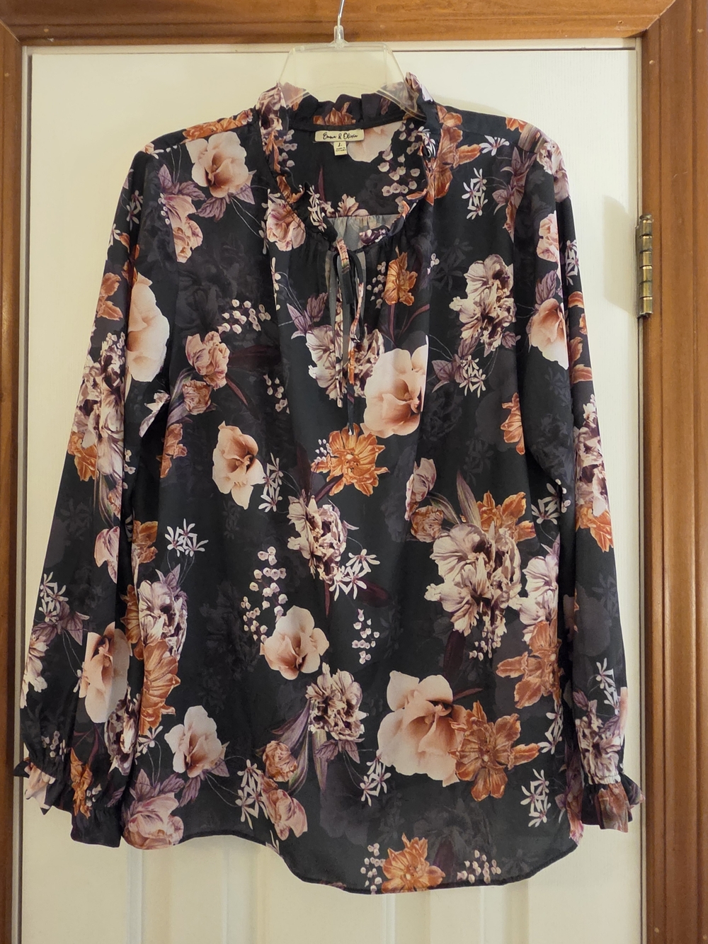 Emma & Olivia Dark Green Floral Tie-Neck Blouse